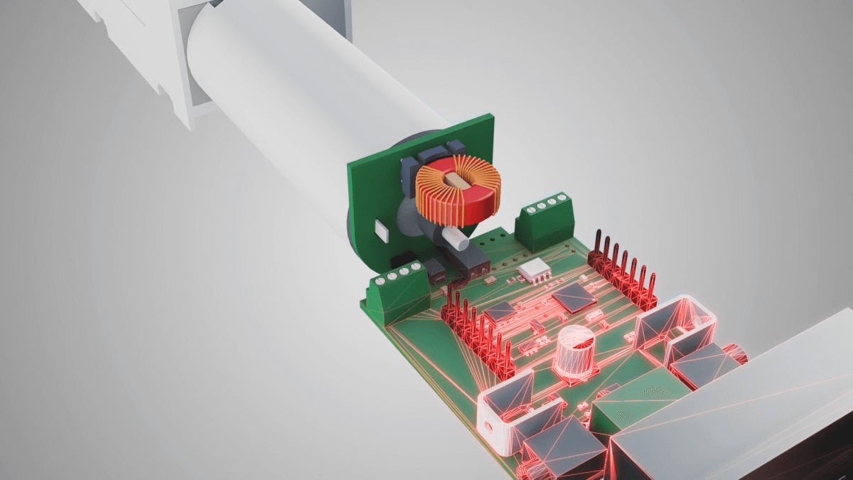 Detailed 3D animation of an electronic circuit board with various components highlighted in vibrant colours.